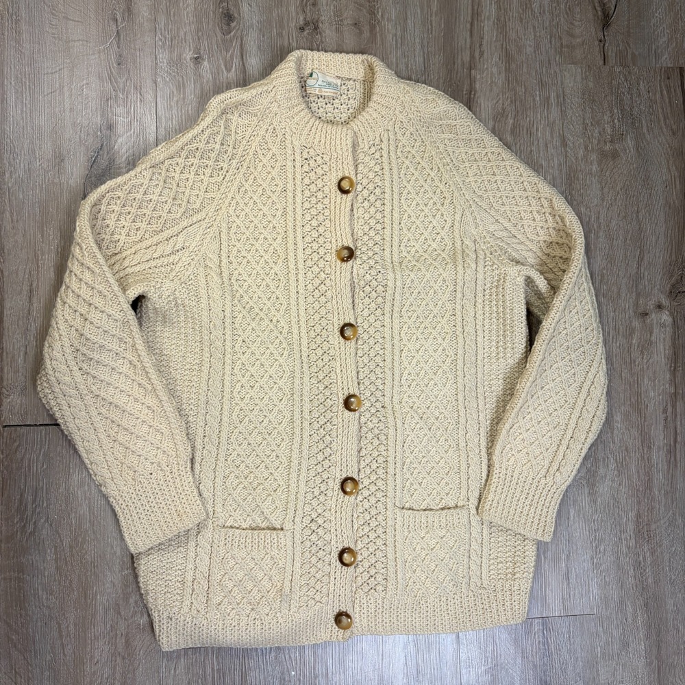 VTG Cardery 100% Wool Cable Knit Wool Cardigan Womens Medium Sweater Beige